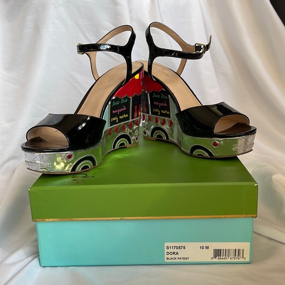 Kate Spade Black Patent Leather Dora Wedges Taco Truck Viva El Taco Size 10 - Picture 4 of 17